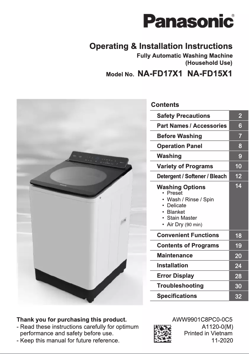 Page n°1 - Manuel utilisateur Panasonic NA-FD17X1