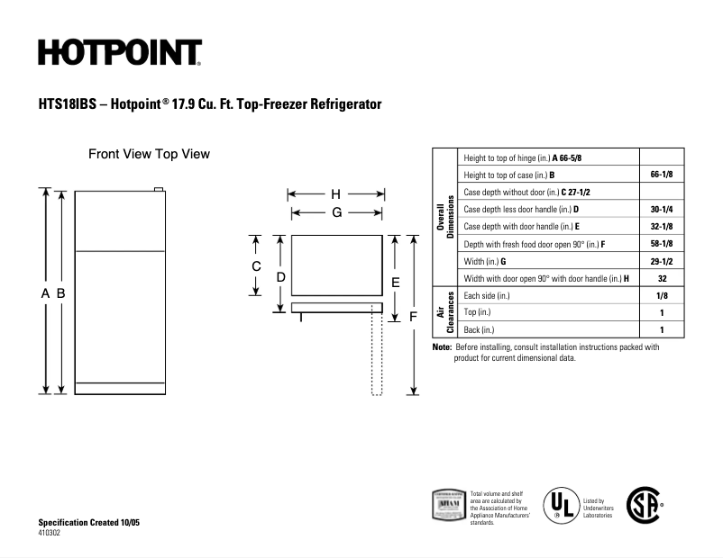 Page 1 de la notice Fiche technique Hotpoint HTS18IBSCC