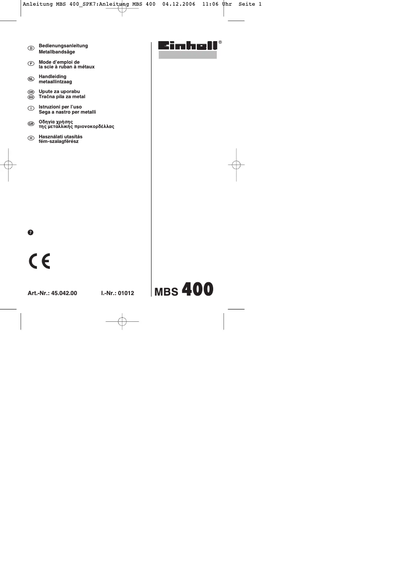 Page 1 de la notice Manuel utilisateur Einhell MBS 400