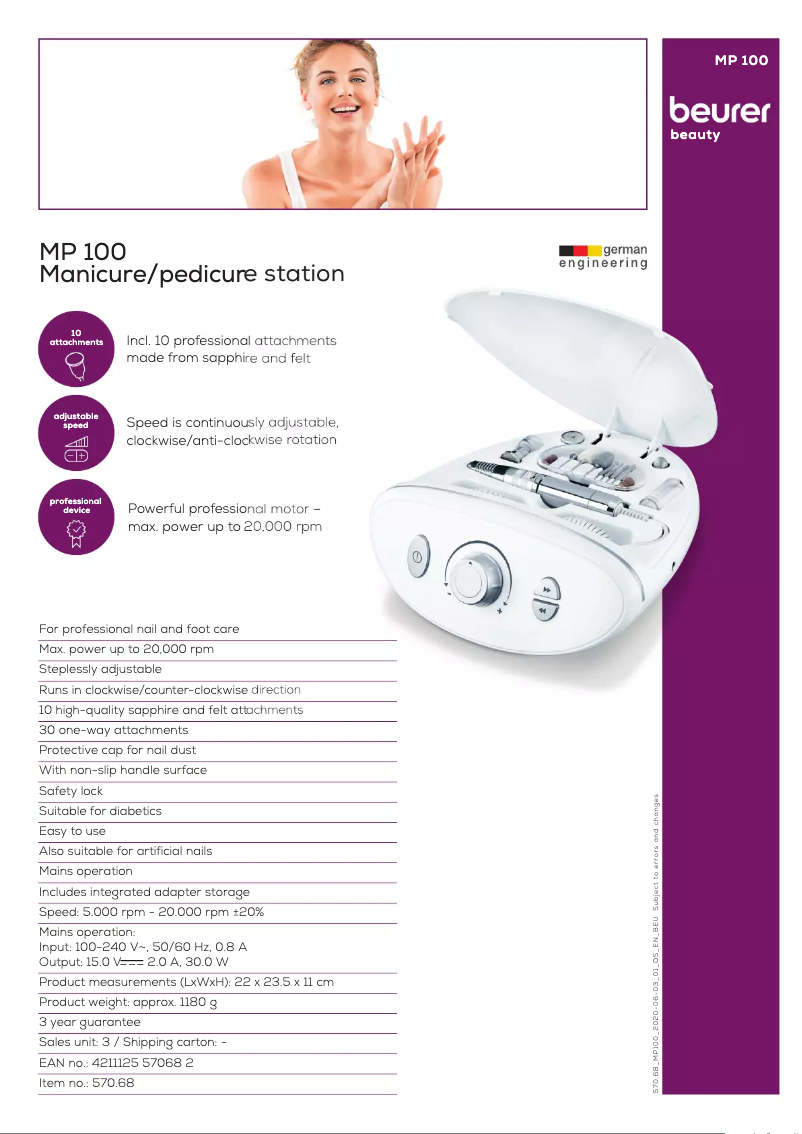 Page 1 de la notice Fiche technique Beurer MP 100