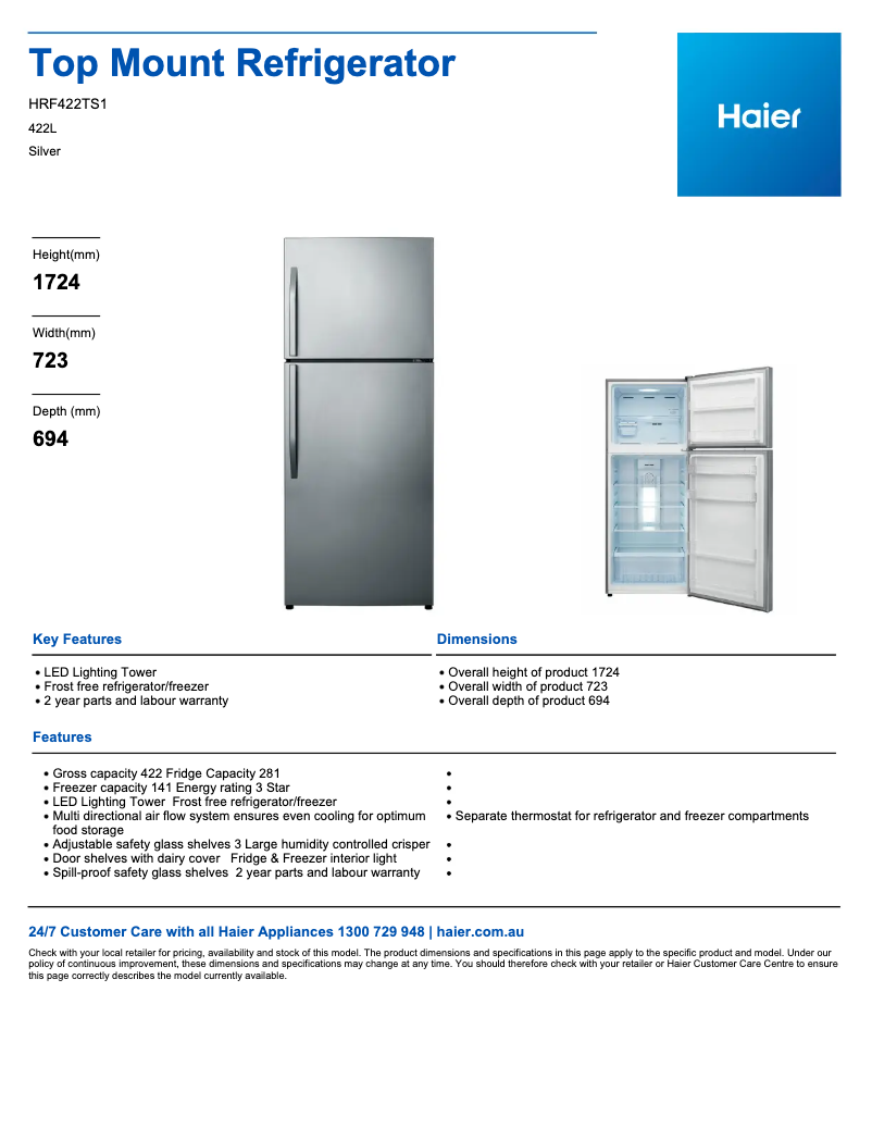 Page 1 de la notice Fiche technique Haier HRF422TS1
