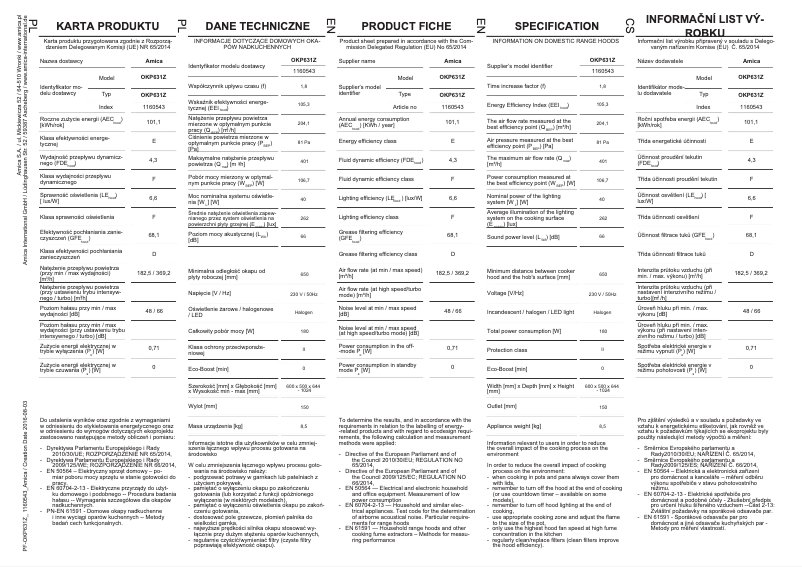 Page n°1 - Fiche technique Amica OKP631Z