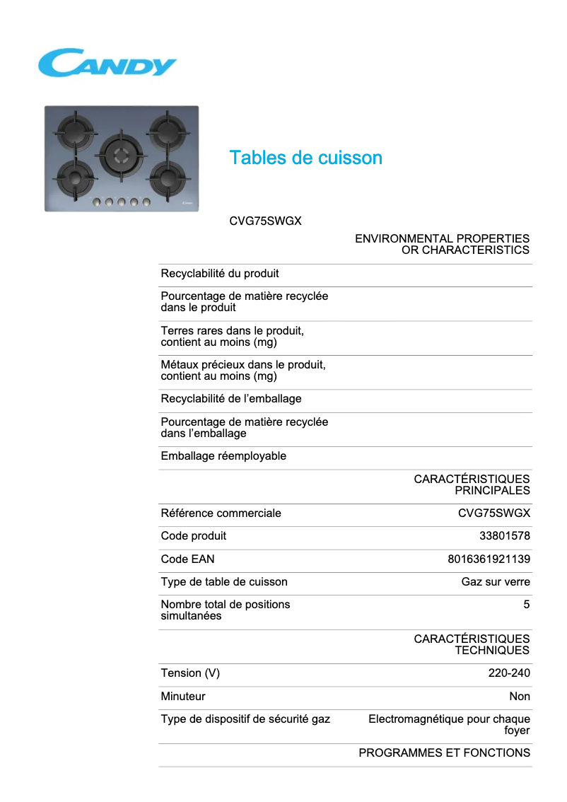 Page 1 de la notice Fiche technique Candy CVG75SWGX