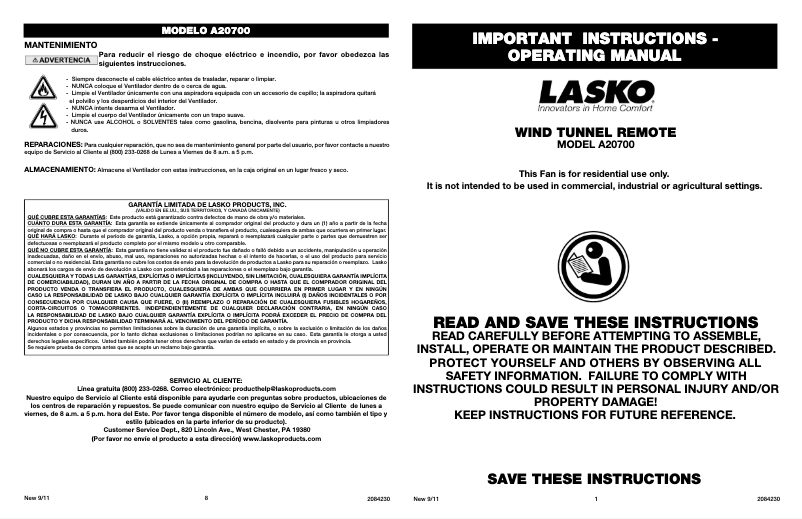 Page 1 de la notice Manuel utilisateur Lasko Wind Tunnel A20700