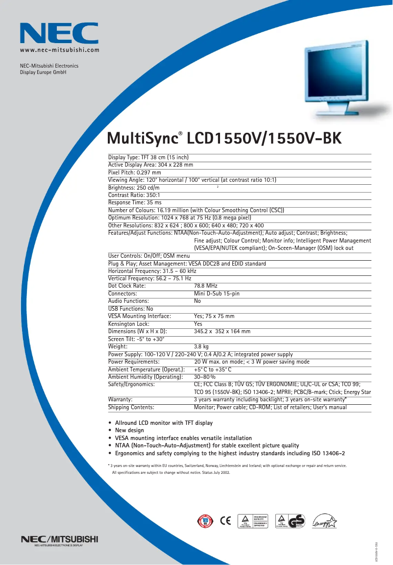 Page 1 de la notice Fiche technique NEC MultiSync LCD1550V