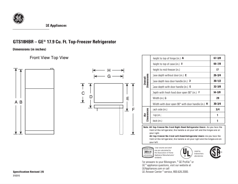 Page n°1 - Fiche technique GE GTS18HBRWW