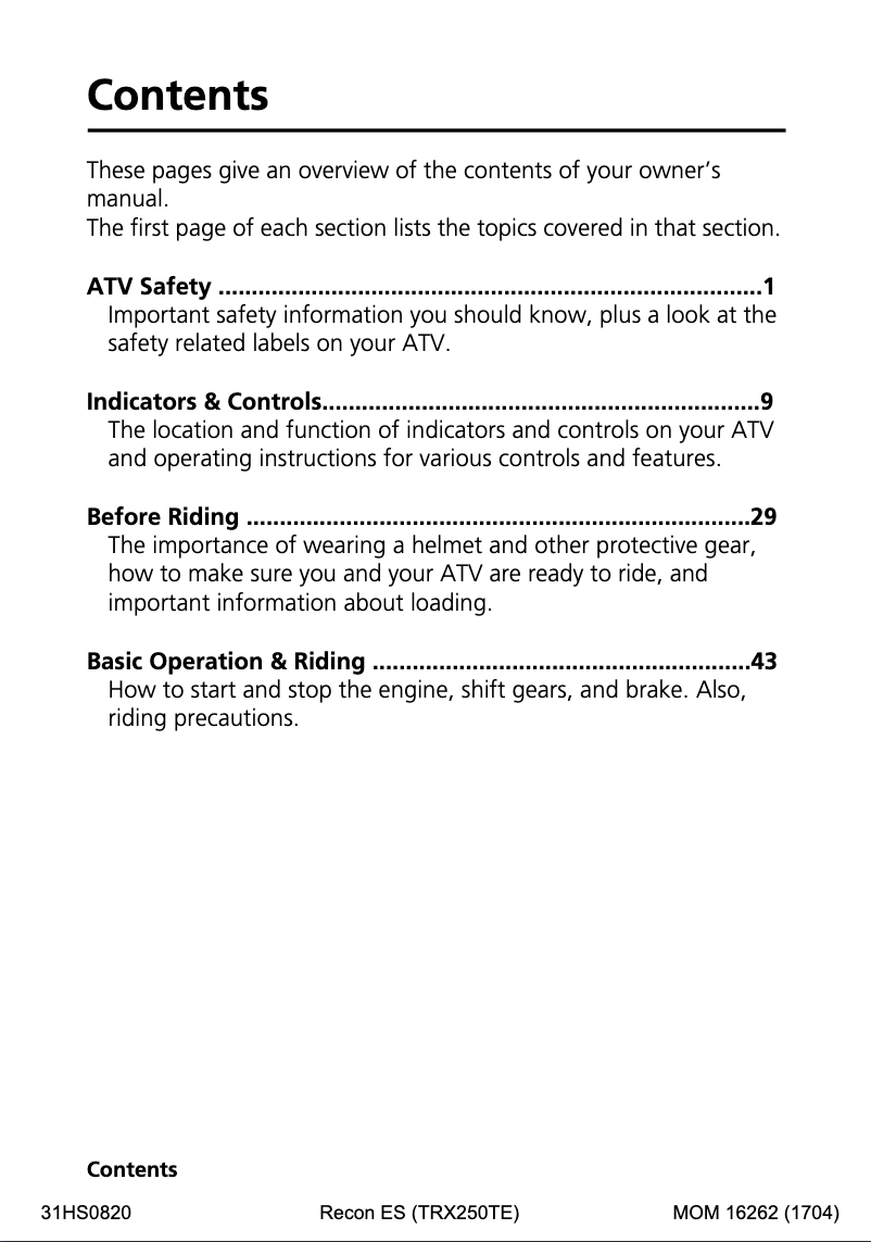 Page 1 de la notice Manuel utilisateur Honda FourTrax Recon ES TRX250TE (2018)