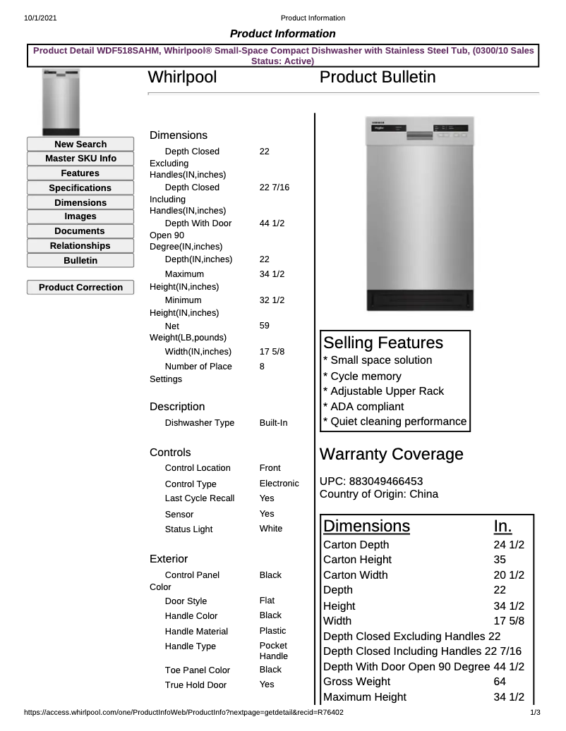 Page 1 de la notice Fiche technique Whirlpool WDF518SAHM