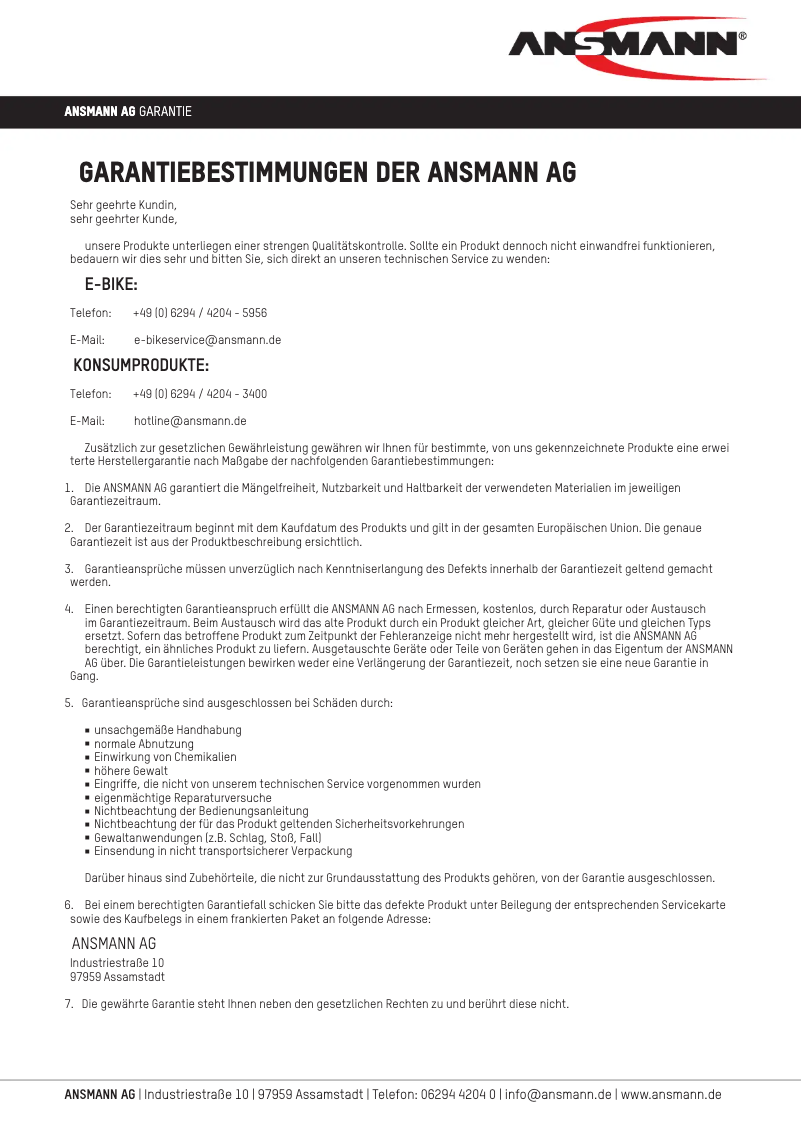 Page 1 de la notice Informations de garantie Ansmann WL500R Sound