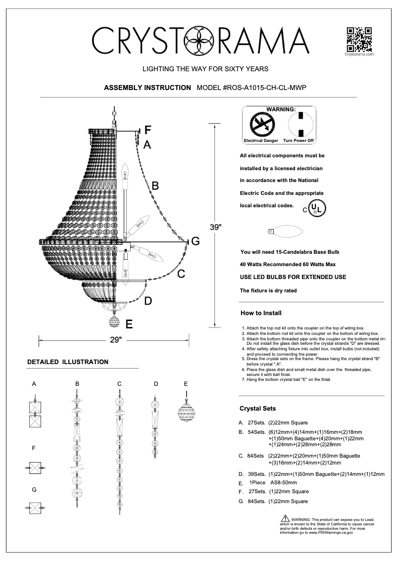 Page 1 de la notice Manuel utilisateur Crystorama Roslyn ROS-A1015-CH-CL-MWP