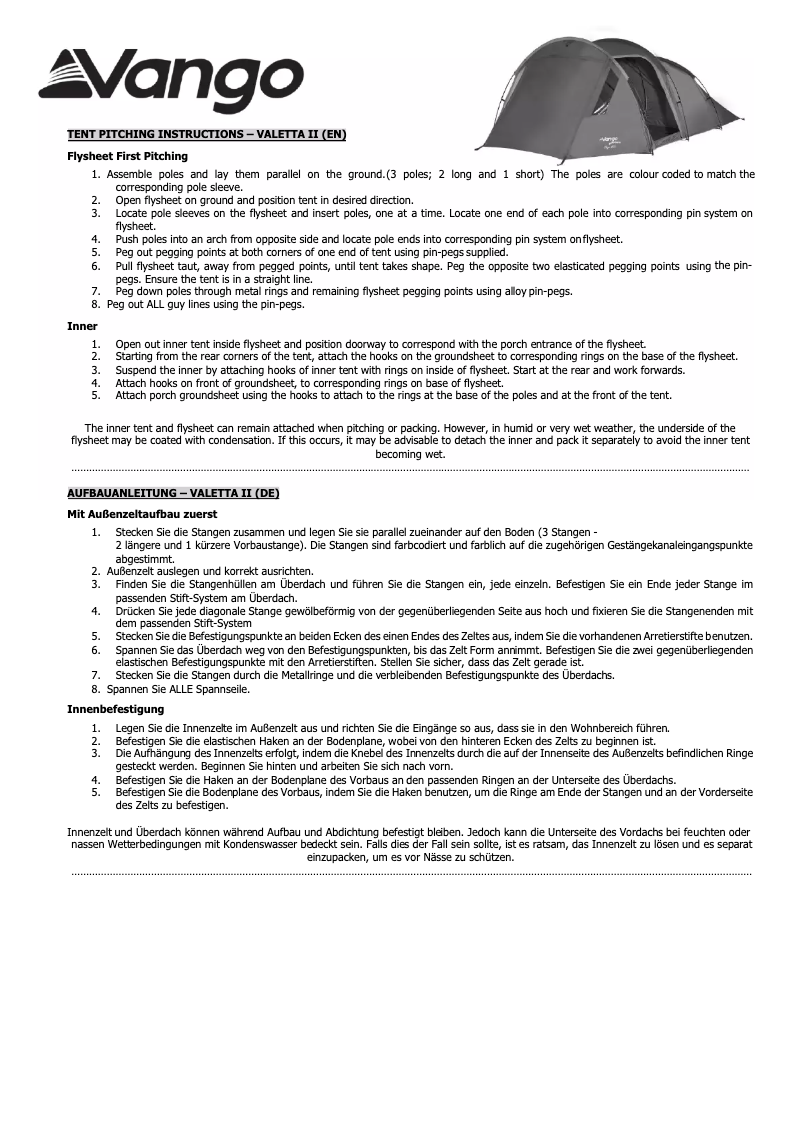 Page 1 de la notice Manuel utilisateur Vango Valetta II 300