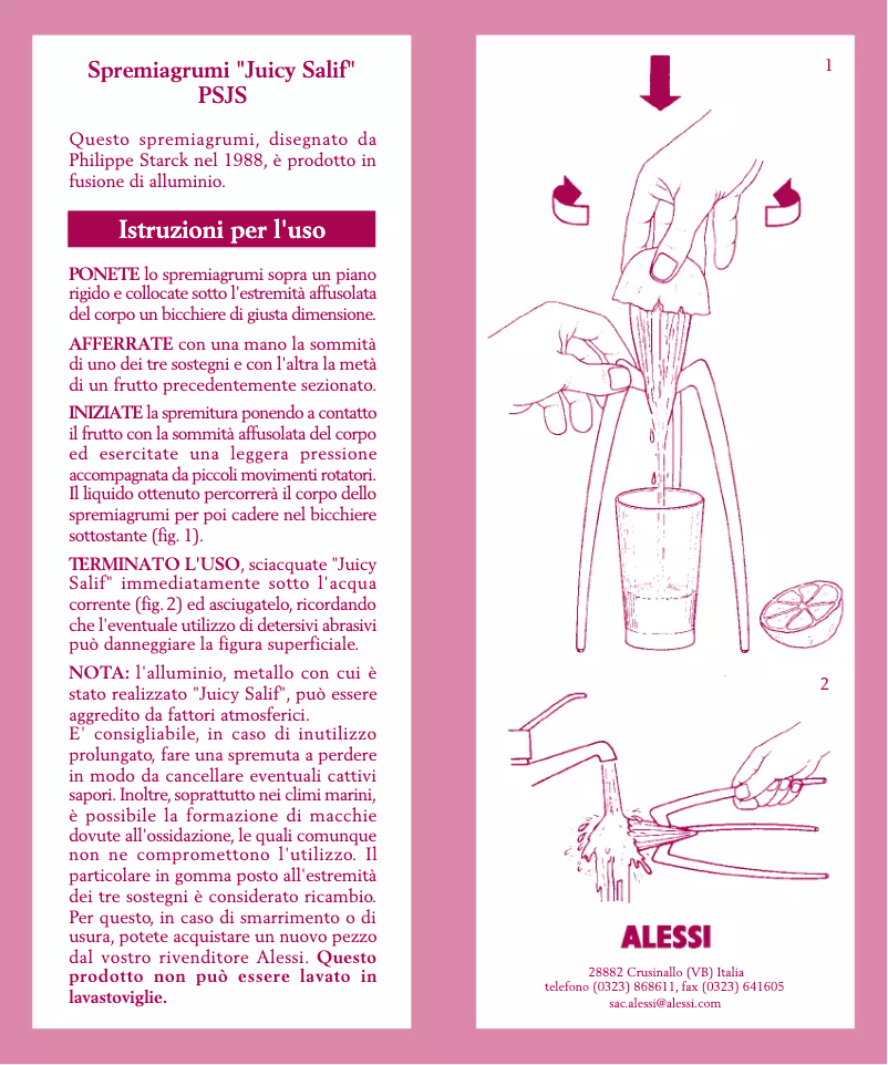 Page n°1 - Manuel utilisateur Alessi Juicy Salif PSJS