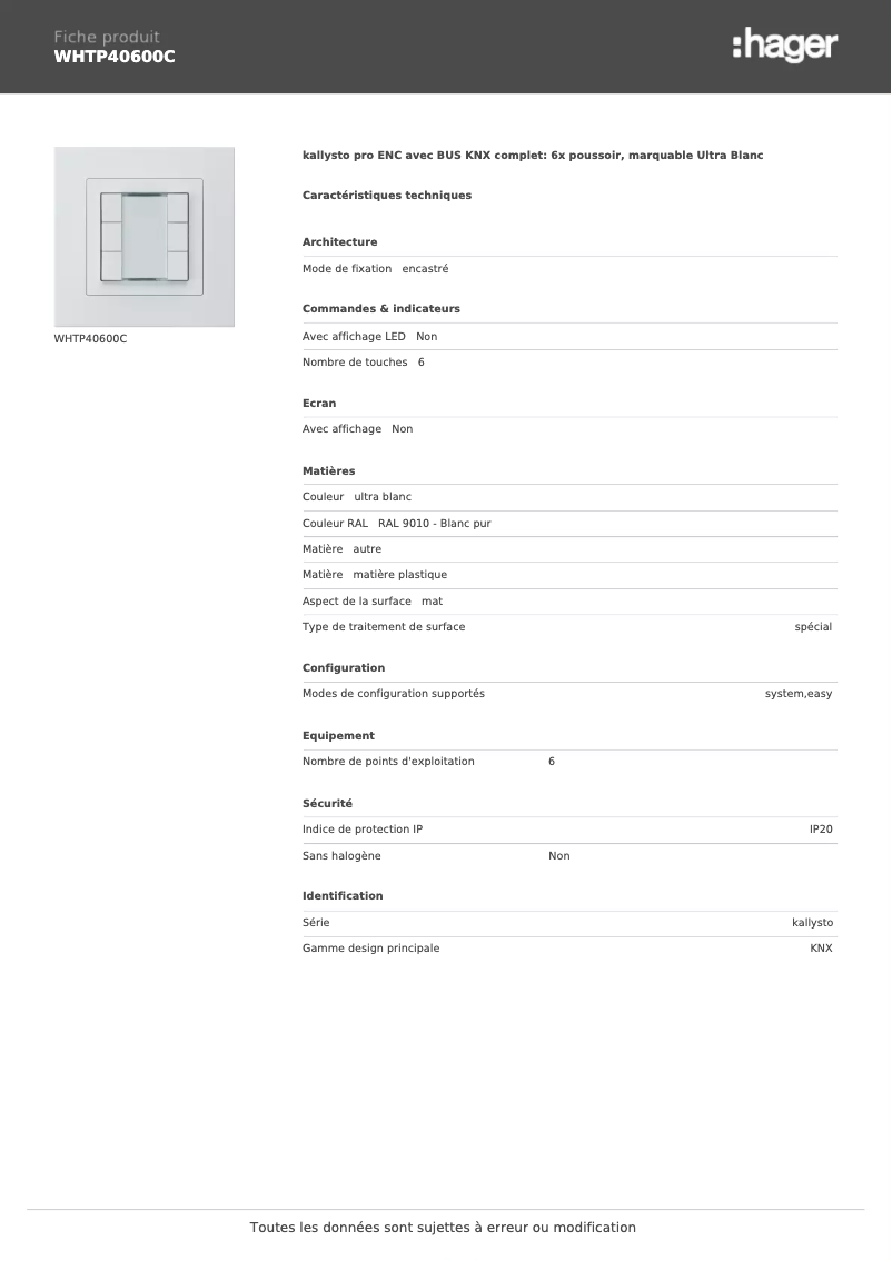 Page 1 de la notice Fiche technique Hager WHTP40600C