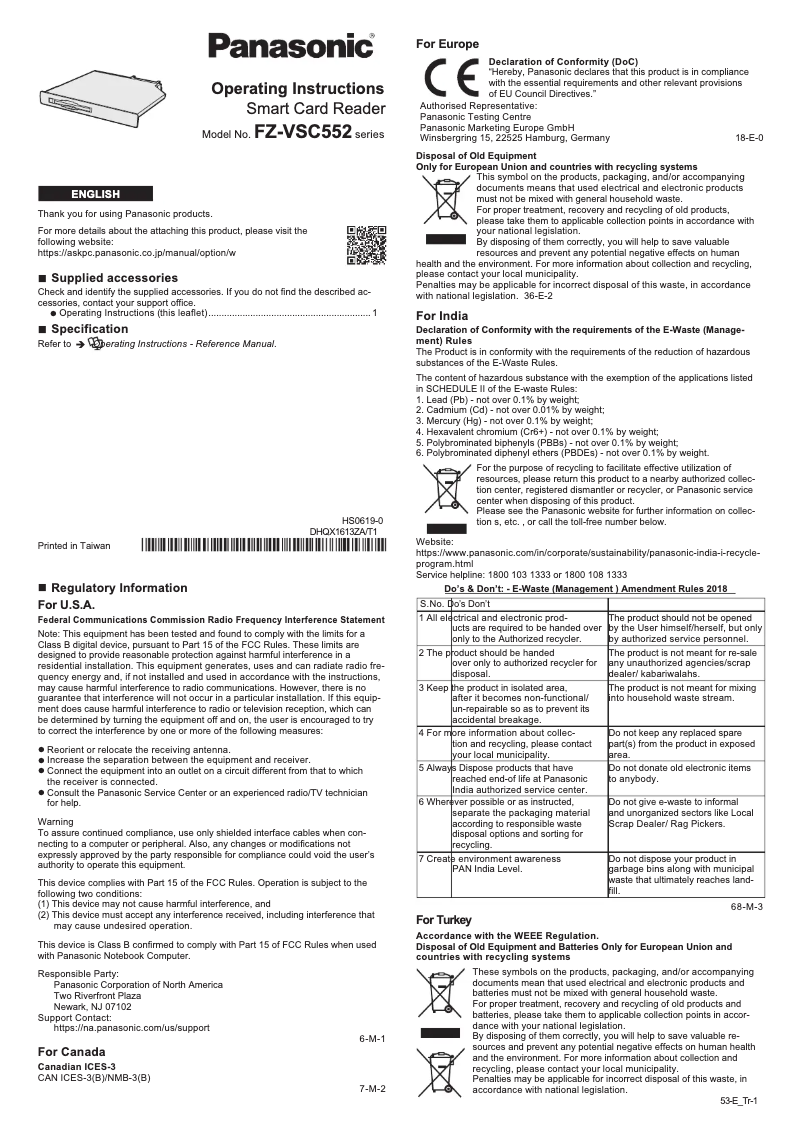 Page n°1 - Manuel utilisateur Panasonic FZ-VSC552U