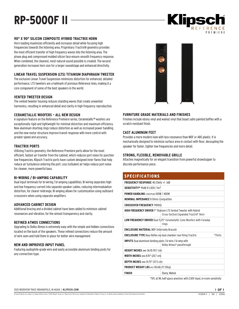 Page 1 de la notice Fiche technique Klipsch Reference Premiere RP-5000F II