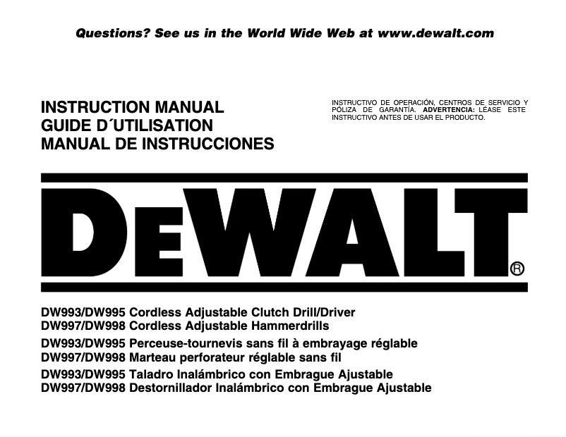 Page 1 de la notice Manuel utilisateur DeWalt DW997