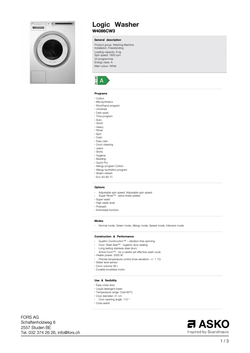 Page 1 de la notice Fiche technique Asko W4086CW3