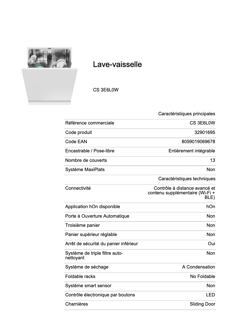 Page 1 de la notice Fiche technique Candy CS 3E6L0W