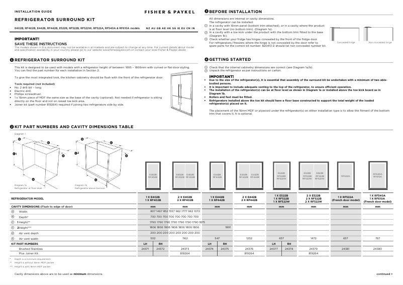 Page 1 de la notice Guide d'installation Fisher & Paykel RF522WDRX4