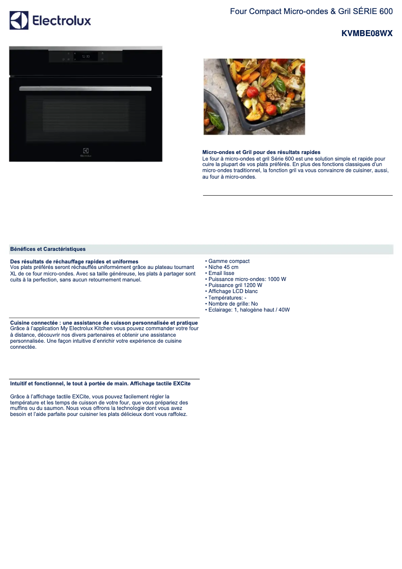 Page 1 de la notice Fiche technique Electrolux KVMBE08WX