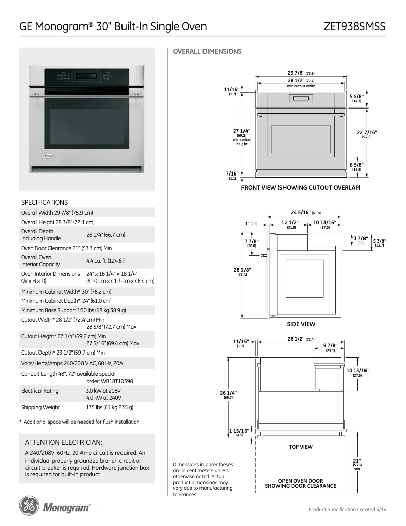 Page n°1 - Fiche technique GE ZET938BMBB