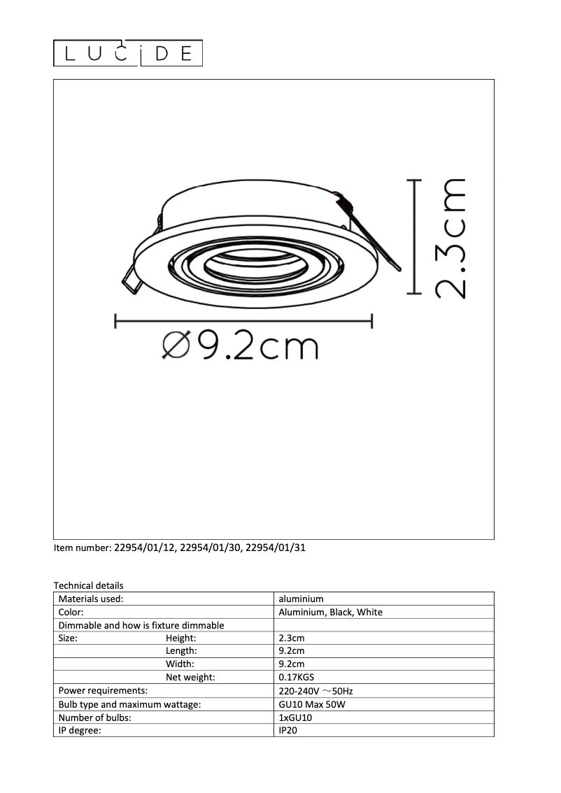 Page n°1 - Manuel utilisateur Lucide Tube 22954/01/30
