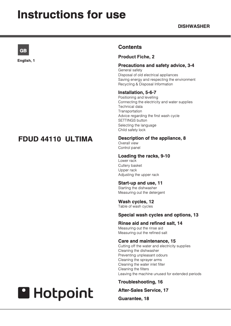 Page n°1 - Manuel utilisateur Hotpoint FDUD 44110 P Ultima
