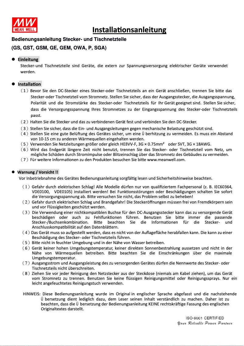 Page 1 de la notice Manuel utilisateur Mean Well GS15E-8P1J