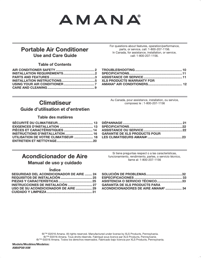 Page n°1 - Manuel utilisateur Amana AMAP081AW