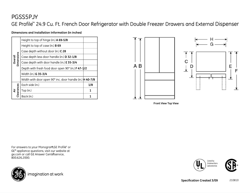 Page 1 de la notice Fiche technique GE PGSS5PJYSS