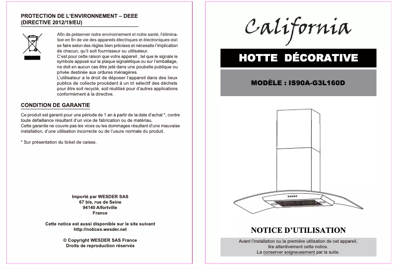 Page 1 de la notice Manuel utilisateur California IS90A-G3L160D