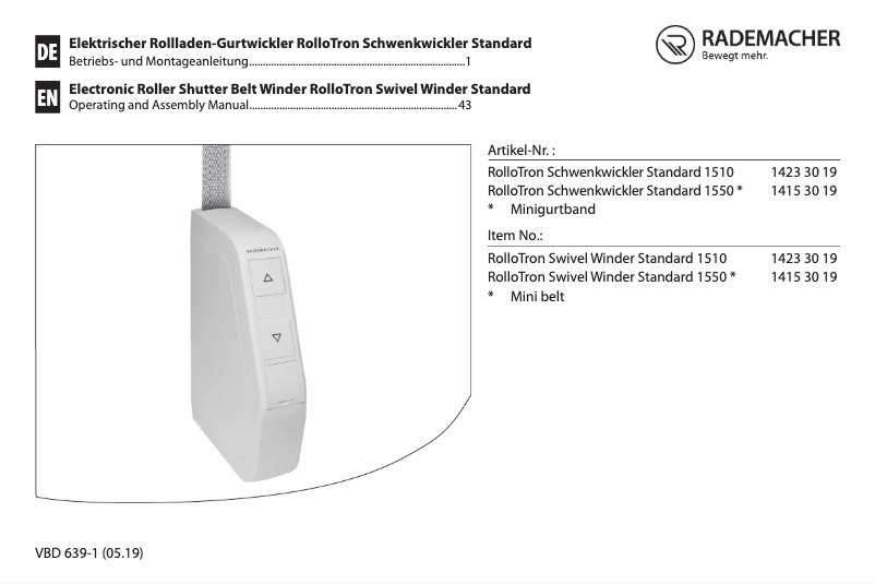 Page 1 de la notice Manuel utilisateur RADEMACHER RolloTron Schwenkwickler Standard 1550