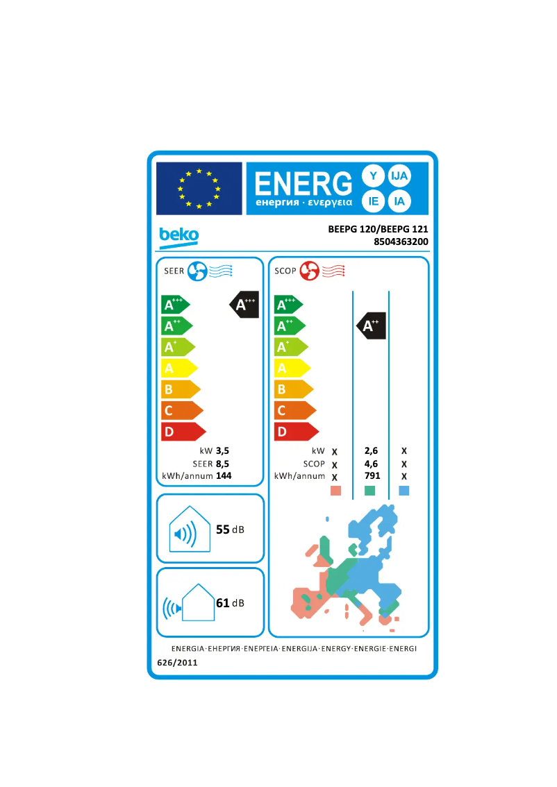 Page 1 de la notice Label énergétique Beko BEEPG 120/ BEEPG 121
