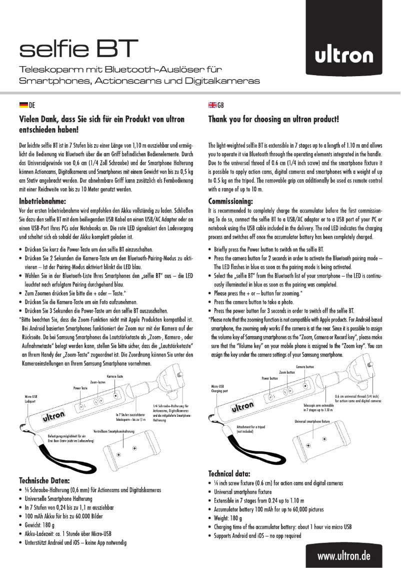 Image de la première page du manuel de l'appareil Selfie BT