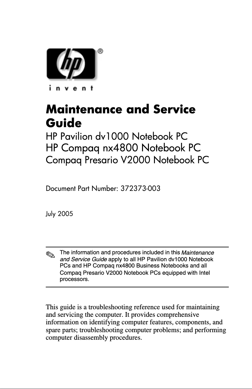 Page n°1 - Manuel utilisateur HP Compaq nx4800