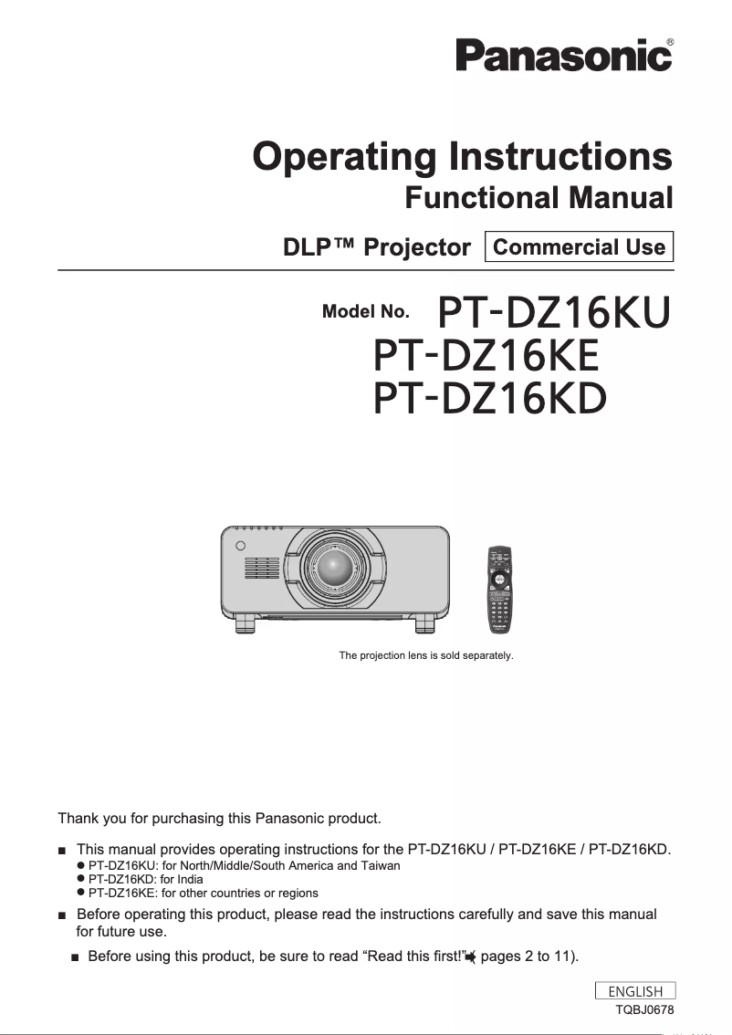 Page n°1 - Manuel utilisateur Panasonic PT-DZ16K