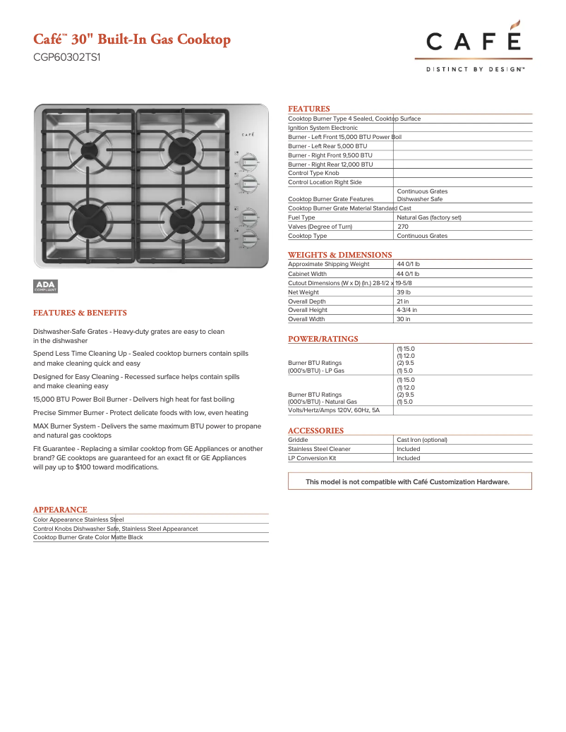 Page 1 of the manual Technical Sheet GE Café CGP60302TS1
