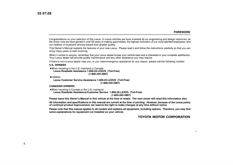 Page 1 de la notice Manuel utilisateur Lexus IS 300 (2004)