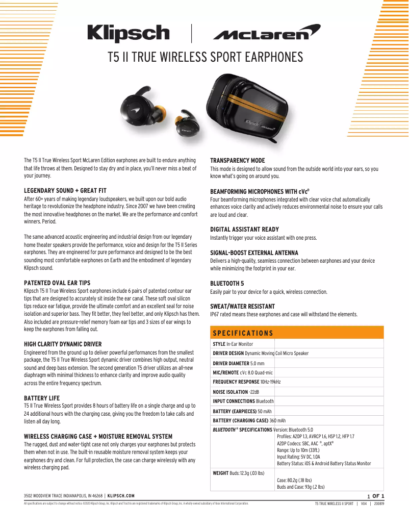 Page 1 de la notice Fiche technique Klipsch T5 II True Wireless