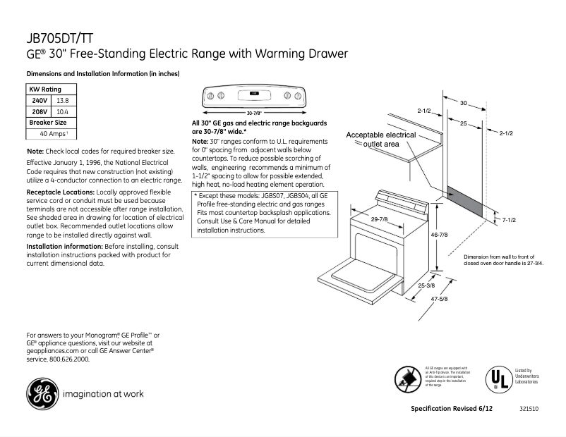 Página 1 del manual Ficha técnica GE JB705DTBB
