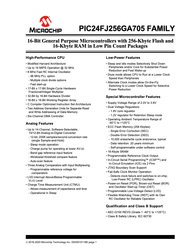 Page 1 de la notice Fiche technique Microchip PIC24FJ128GA704