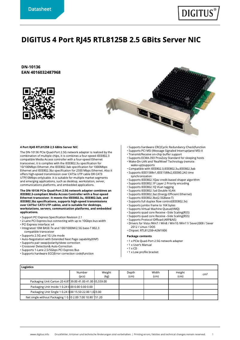 Page 1 de la notice Fiche technique Digitus DN-10136