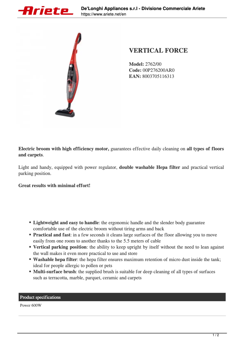 Page n°1 - Fiche technique Ariete Vertical Force 2762