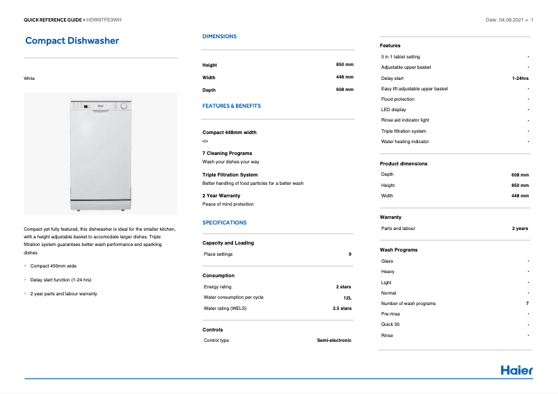 Image de la première page du manuel de l'appareil HDW9-TFE3WH