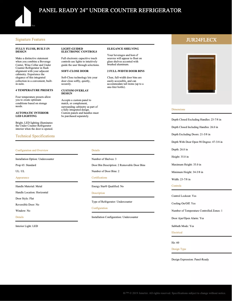Page 1 de la notice Fiche technique JennAir JUR24FRECX