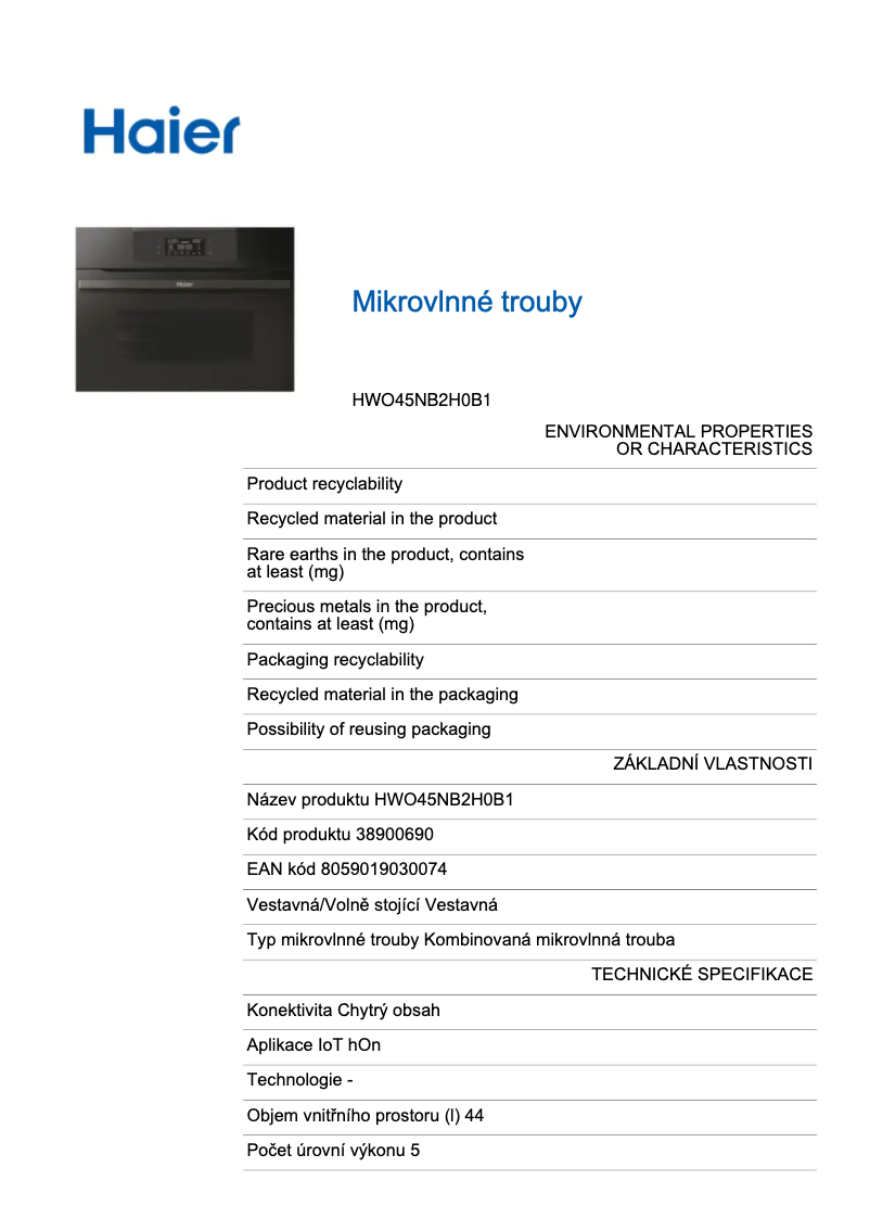 Page 1 de la notice Fiche technique Haier HWO45NB2H0B1