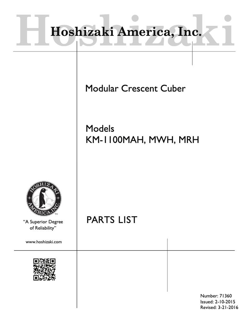 Page n°1 - Manuel utilisateur Hoshizaki KM-1100MAH