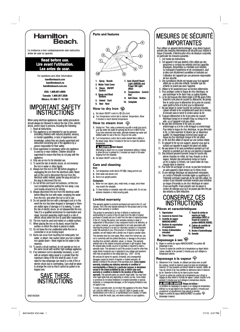 Page 1 de la notice Manuel utilisateur Hamilton Beach Durathon 14980