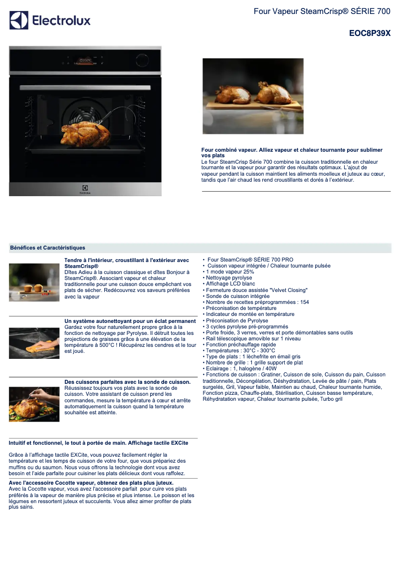 Page 1 de la notice Fiche technique Electrolux EOC8P39X