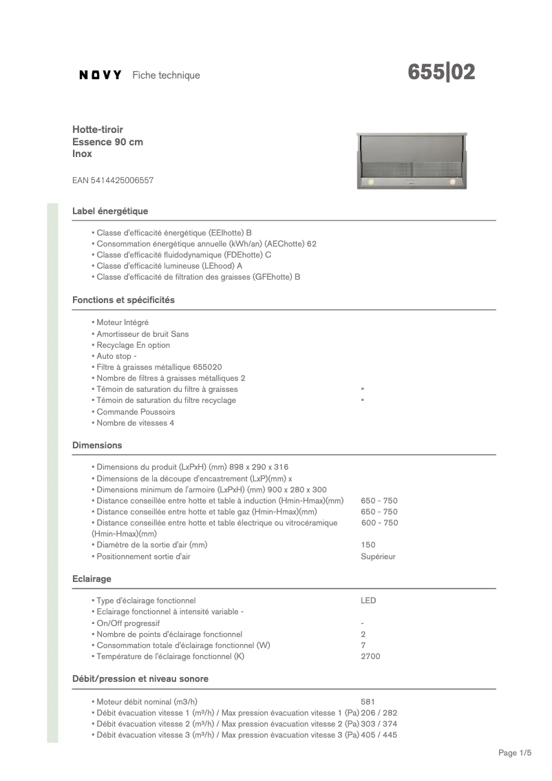 Page n°1 - Fiche technique Novy Essence 655